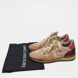Valentino Beige/Pink Floral Lace and Leather Rockrunner Low Top Sneakers Size 35