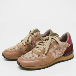 Valentino Beige/Pink Floral Lace and Leather Rockrunner Low Top Sneakers Size 35