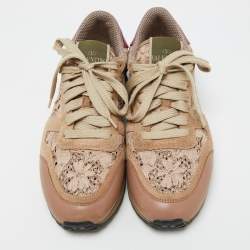 Valentino Beige/Pink Floral Lace and Leather Rockrunner Low Top Sneakers Size 35