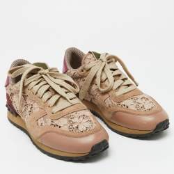 Valentino Beige/Pink Floral Lace and Leather Rockrunner Low Top Sneakers Size 35
