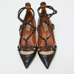 Pre Owned Valentino Black/Beige Leather Grommet Love Latch Pumps Size 39