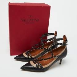 Pre Owned Valentino Black/Beige Leather Grommet Love Latch Pumps Size 39