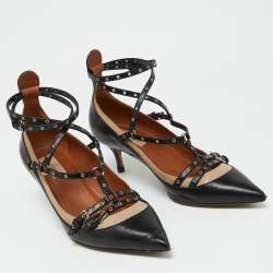Pre Owned Valentino Black/Beige Leather Grommet Love Latch Pumps Size 39
