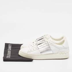Pre Owned Valentino White Leather Rockstud Lace Up Sneakers Size 38