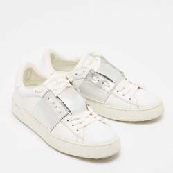 Pre Owned Valentino White Leather Rockstud Lace Up Sneakers Size 38