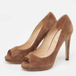 Valentino Brown Suede Rockstud Peep Toe Pumps Size 38.5