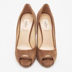 Valentino Brown Suede Rockstud Peep Toe Pumps Size 38.5