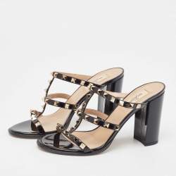 Pre Owned Valentino Black Patent Leather Rockstud Slide Sandals Size 39.5