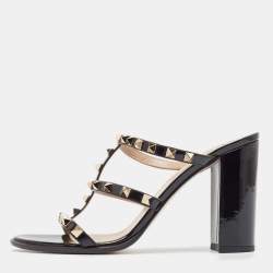 Pre Owned Valentino Black Patent Leather Rockstud Slide Sandals Size 39.5