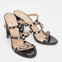 Pre Owned Valentino Black Patent Leather Rockstud Slide Sandals Size 39.5