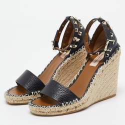 Pre Owned Valentino Black Leather Rockstud Espadrille Wedge Sandals Size 36
