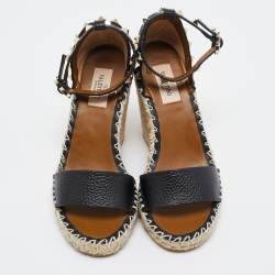 Pre Owned Valentino Black Leather Rockstud Espadrille Wedge Sandals Size 36
