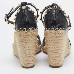 Pre Owned Valentino Black Leather Rockstud Espadrille Wedge Sandals Size 36