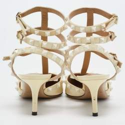 Pre Owned Valentino Cream Patent Leather Rockstud Ankle Strap Pumps Size 38