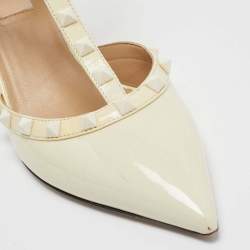 Pre Owned Valentino Cream Patent Leather Rockstud Ankle Strap Pumps Size 38