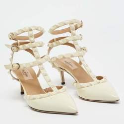 Pre Owned Valentino Cream Patent Leather Rockstud Ankle Strap Pumps Size 38