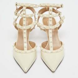 Pre Owned Valentino Cream Patent Leather Rockstud Ankle Strap Pumps Size 38