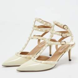 Pre Owned Valentino Cream Patent Leather Rockstud Ankle Strap Pumps Size 38