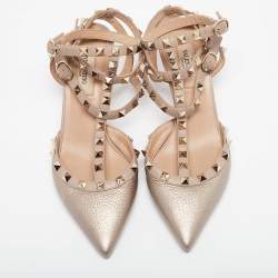 Pre Owned Valentino Metallic Dusty Pink Leather Rockstud Ankle Strap Pumps Size 37