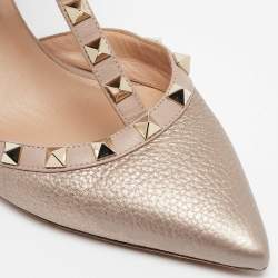 Pre Owned Valentino Metallic Dusty Pink Leather Rockstud Ankle Strap Pumps Size 37