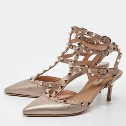 Pre Owned Valentino Metallic Dusty Pink Leather Rockstud Ankle Strap Pumps Size 37