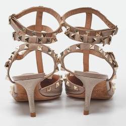 Pre Owned Valentino Metallic Dusty Pink Leather Rockstud Ankle Strap Pumps Size 37