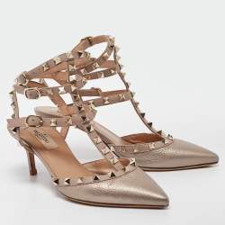 Pre Owned Valentino Metallic Dusty Pink Leather Rockstud Ankle Strap Pumps Size 37