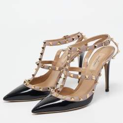 Pre Owned Valentino Black Patent Leather Rockstud Ankle Strap Pumps Size 38