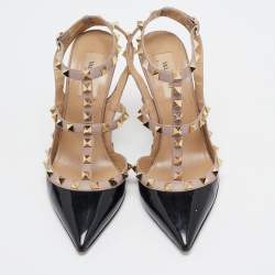 Pre Owned Valentino Black Patent Leather Rockstud Ankle Strap Pumps Size 38