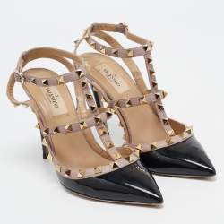 Pre Owned Valentino Black Patent Leather Rockstud Ankle Strap Pumps Size 38