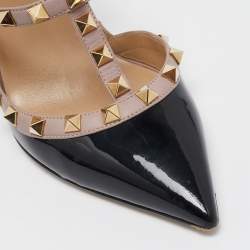 Pre Owned Valentino Black Patent Leather Rockstud Ankle Strap Pumps Size 38