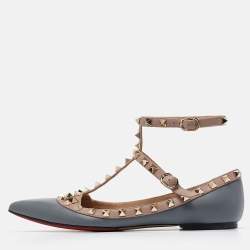 Pre Owned Valentino Grey/Dusty Pink Leather Rockstud Ankle Strap Flats Size 37