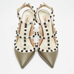 Valentino Army Green/Cream Leather Rockstud Ankle Strap Pumps Size 38