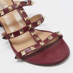 Pre Owned Valentino Burgundy Leather Rockstud Slide Sandals Size 39