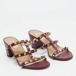 Pre Owned Valentino Burgundy Leather Rockstud Slide Sandals Size 39
