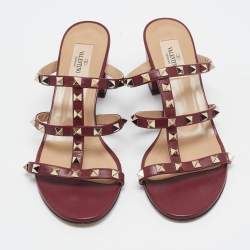 Pre Owned Valentino Burgundy Leather Rockstud Slide Sandals Size 39