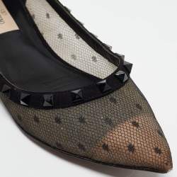 Pre Owned Valentino Black Polka Dot Mesh Rockstud Ballet Flats Size 38