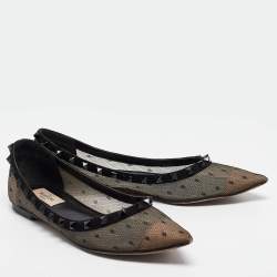 Pre Owned Valentino Black Polka Dot Mesh Rockstud Ballet Flats Size 38