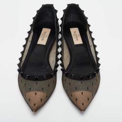 Pre Owned Valentino Black Polka Dot Mesh Rockstud Ballet Flats Size 38