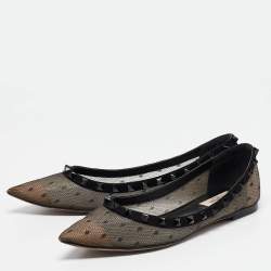 Pre Owned Valentino Black Polka Dot Mesh Rockstud Ballet Flats Size 38
