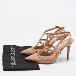 Pre Owned Valentino Beige Leather Rolling Rockstud Ankle Strap Pumps Size 39