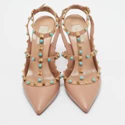 Pre Owned Valentino Beige Leather Rolling Rockstud Ankle Strap Pumps Size 39