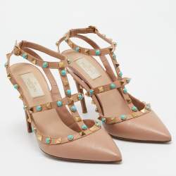 Pre Owned Valentino Beige Leather Rolling Rockstud Ankle Strap Pumps Size 39