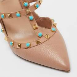 Pre Owned Valentino Beige Leather Rolling Rockstud Ankle Strap Pumps Size 39