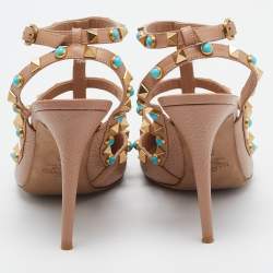 Pre Owned Valentino Beige Leather Rolling Rockstud Ankle Strap Pumps Size 39