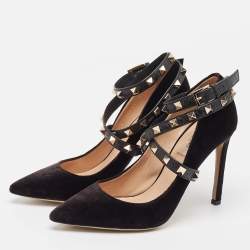 Valentino Black Velvet and Leather Rockstud Ankle Wrap Pumps Size 36