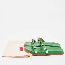 Pre Owned Valentino Green Leather Rockstud Flat Slides Size 38