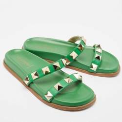 Pre Owned Valentino Green Leather Rockstud Flat Slides Size 38