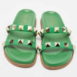 Pre Owned Valentino Green Leather Rockstud Flat Slides Size 38