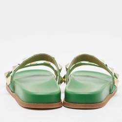 Pre Owned Valentino Green Leather Rockstud Flat Slides Size 38